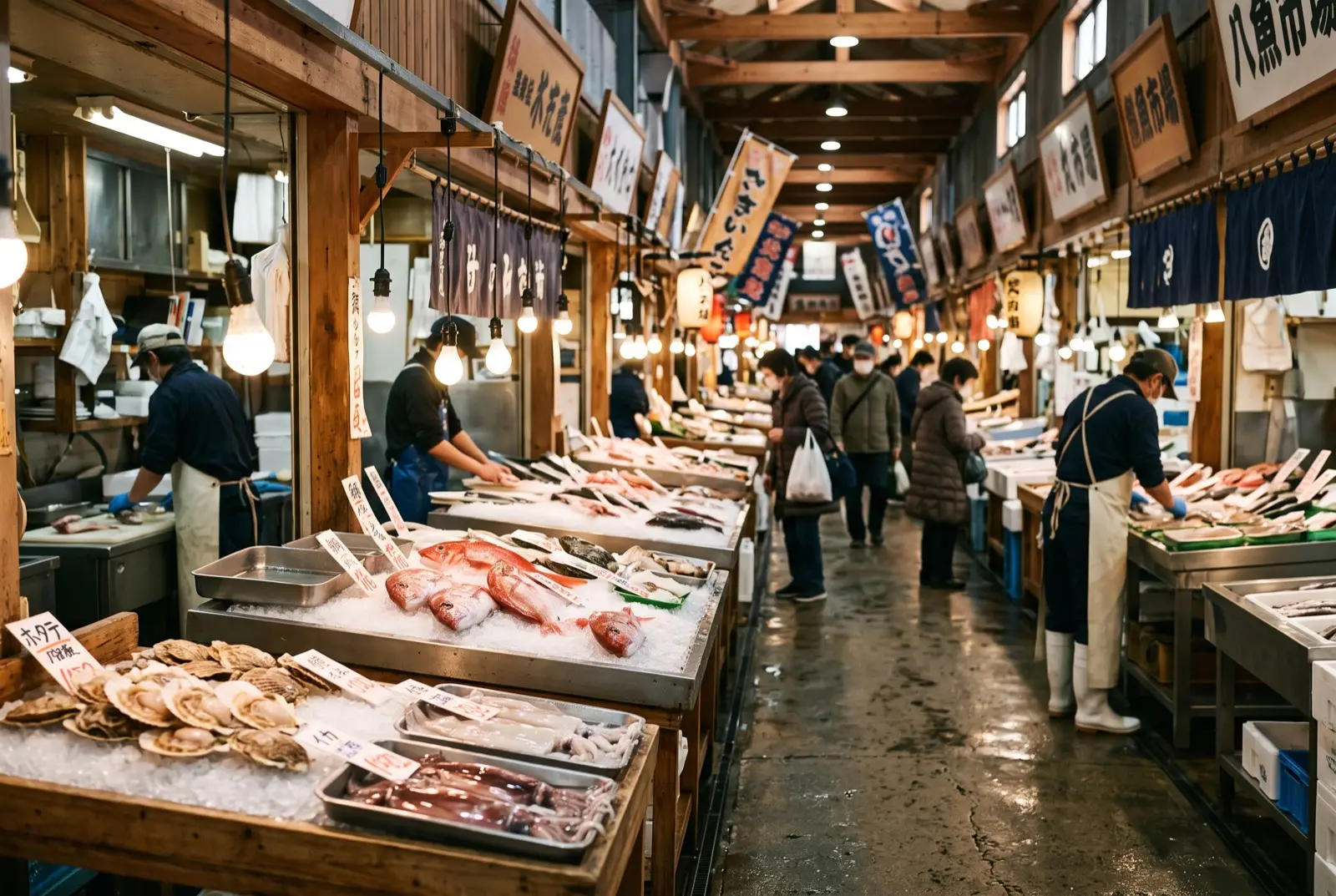 鮮魚店が連なる市場の通路。氷の上にホタテや鯛が並ぶ